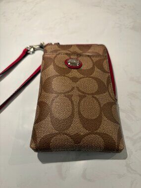 Coach F88913 Signature Canvas Small Corner Zip Wristlet Brown Red Trim Wallet